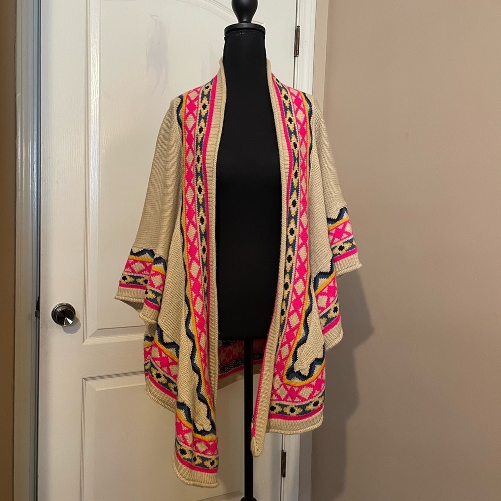 Fate Poncho Shawl Cape Wrap Tan Pink Boho Chic Tribal Native Aztec One Size
